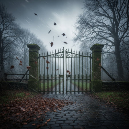 Wrought iron gate in a foggy forest. Halloween concept.の素材