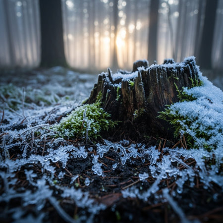 Winter forest. Frosty morning in the woods. Beautiful winter landscape.の素材