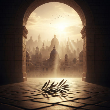 Ancient city gate with sun rays coming through it. 3D renderingの素材