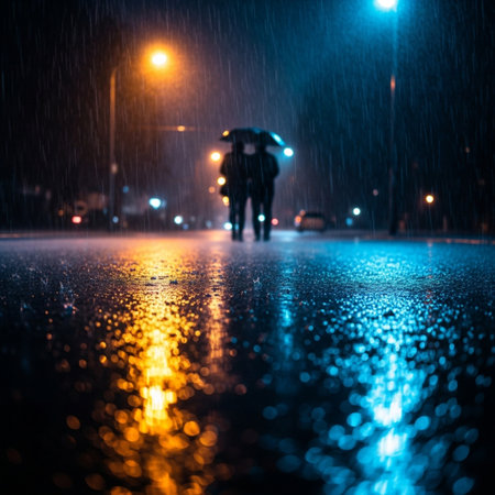 Blurred silhouette of man and woman walking on wet asphalt road in rain at night. Selective focusの素材