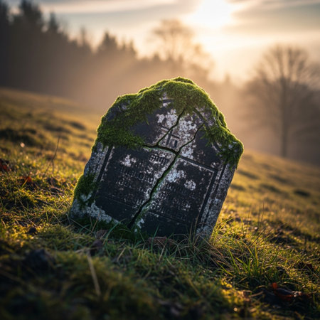 Old tombstone on a meadow at sunrise in the Netherlands.の素材