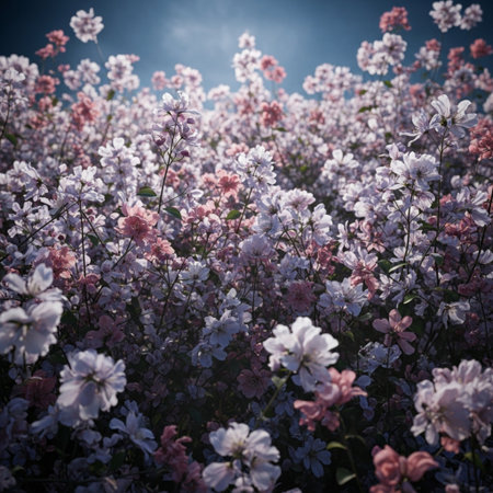 Pink and white flowers with blue sky background. Beautiful nature background.の素材