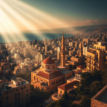 Aerial view of the city of Genoa at sunset, Italyの素材