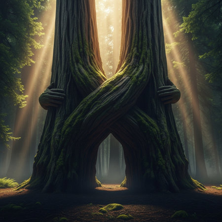 Giant Redwood trees in a magical forest. 3D Renderingの素材