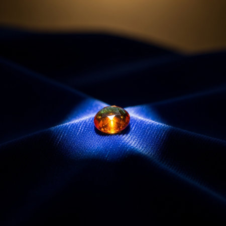 golden gemstone on blue satin background, shallow dofの素材
