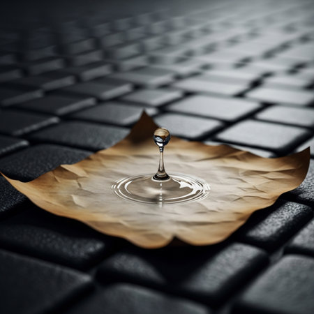 Water drop falling into a brown leaf of paper. 3D illustration.の素材