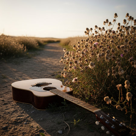 Acoustic guitar on the field with wildflowers at sunset.の素材