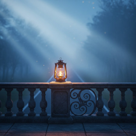 Lantern on the balcony in the fog. 3d renderingの素材