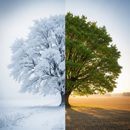 Collage of three photos of a beautiful winter landscape with a big oak treeの素材