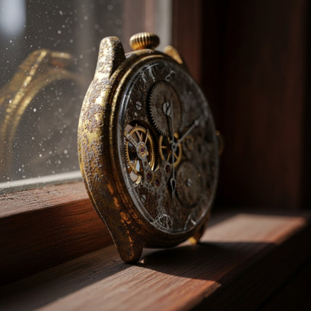 Vintage clock on the windowsill in the morning, selective focusの素材