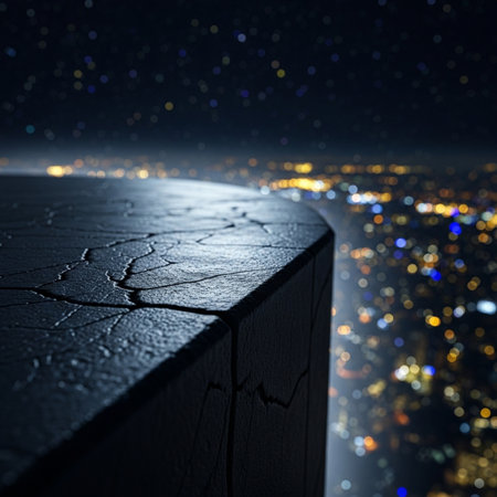 Conceptual image of cracks in the ground against night cityscapeの素材