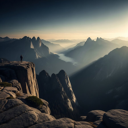 Silhouette of a man standing on the edge of a cliff in the foggy valley.の素材