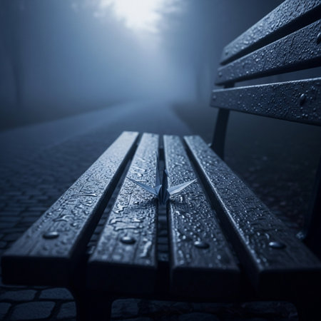 Wooden bench in a foggy park. Selective focus.の素材