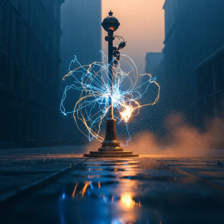 Electricity fountain in the city at night. Conceptual image.の素材