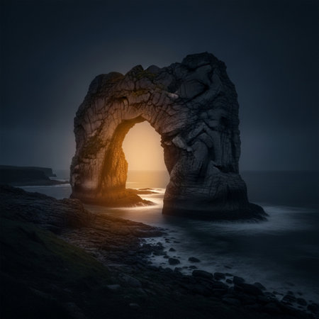 Dramatic seascape with a stone arch in the foregroundの素材