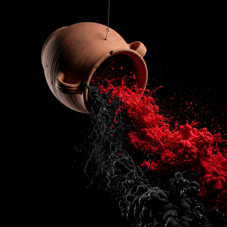 Clay jug with red and black splashes isolated on black backgroundの素材