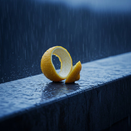 Sliced lemon in the rain on a dark background. Selective focus. Toned.の素材