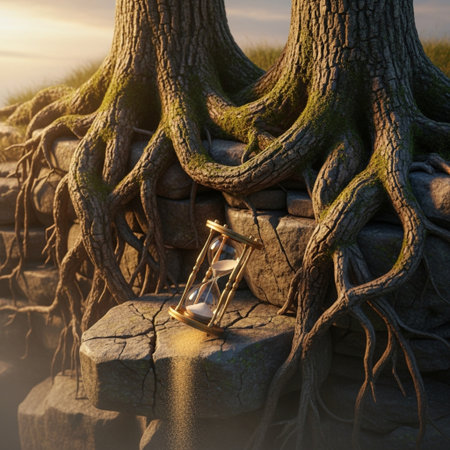 Old hourglass in the tree roots at sunset. 3d renderingの素材