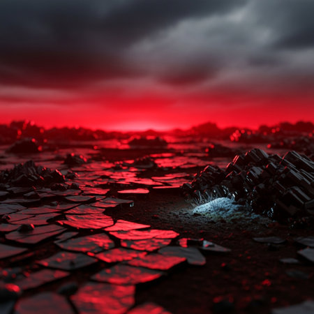 3d illustration of cracked ground over dark sky background with red lightの素材