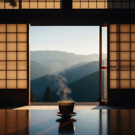 Cup of tea in a room with japanese style windowの素材