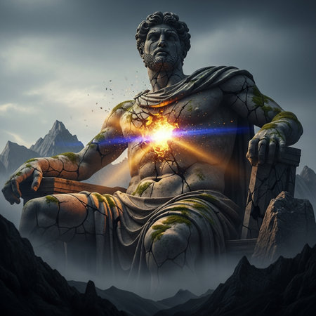 Statue of Zeus in the sky with rays of light. 3D renderingの素材