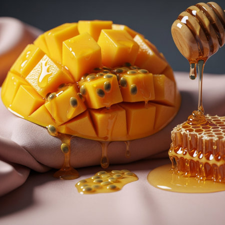 Honey dripping from a wooden honey dipper into a mango fruitの素材