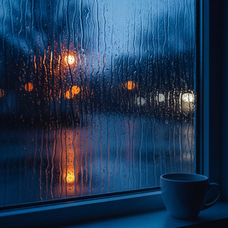 Cup of coffee on the windowsill in the rain at nightの素材
