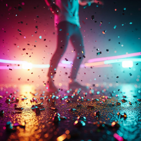 Woman running in the night club with confetti on the floor.の素材