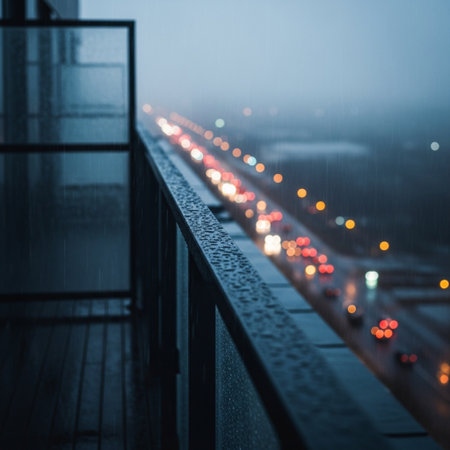 Blurred image of traffic on the bridge at night in heavy rain.の素材
