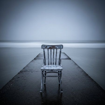A single chair on a jetty in the Baltic Sea. Toned.の素材