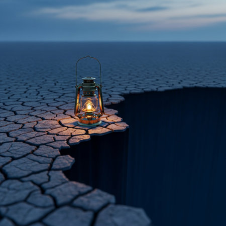 Lantern on cracked ground. 3D illustration. Global warming concept.の素材
