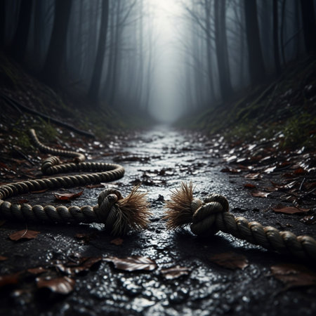 Dark foggy forest road with rope. Halloween concept. 3D Renderingの素材