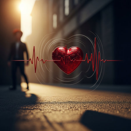 Heartbeat pulse and man on city background. Healthcare and medical conceptの素材