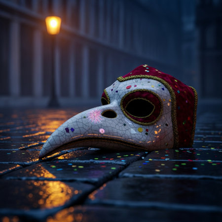 Carnival mask on the ground at night in Venice, Italyの素材