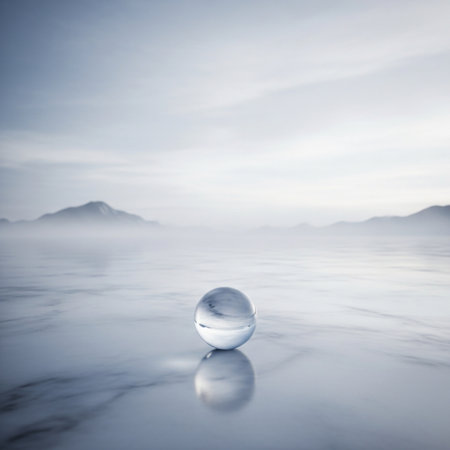 glass ball on the water with mountains in the background, nature conceptの素材