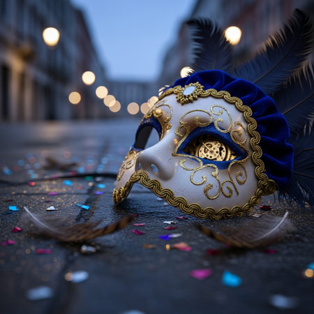Traditional Venetian carnival mask with feathers and confetti, Venice, Italyの素材