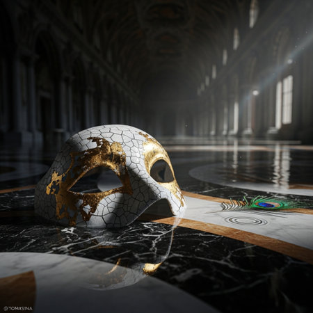 Venetian mask on the marble floor, 3d illustration.の素材