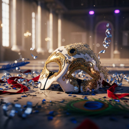 Venetian mask with red ribbons and confetti on the tableの素材