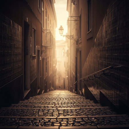 Narrow street in old european city, toned imageの素材