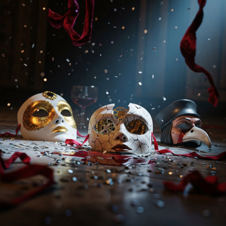 Carnival masks with red ribbons and confetti on wooden tableの素材