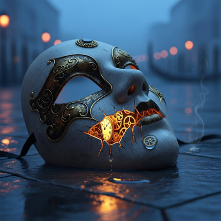 3d illustration of a fantasy mask in the city at night.の素材