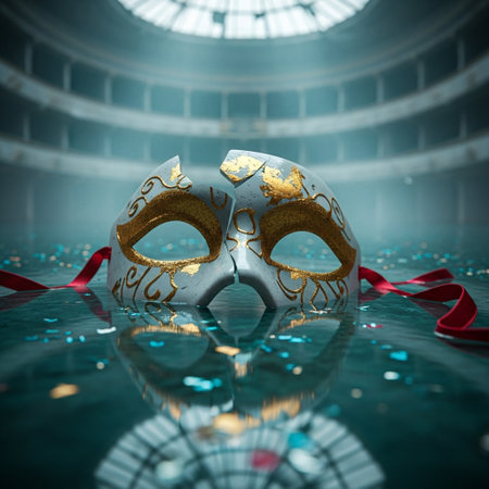 Venetian mask with red ribbon and confetti, 3d renderの素材