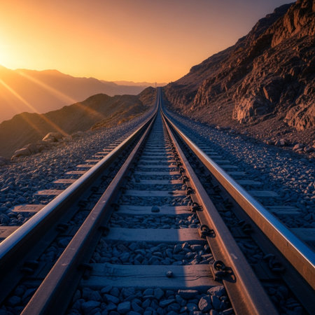 Railway tracks in the mountains at sunset. Travel and adventure conceptの素材