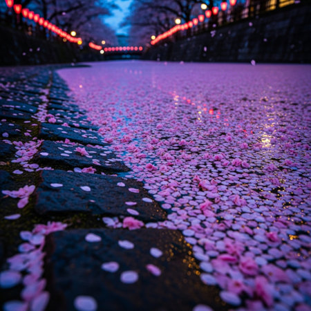 Sakura petals falling on the street in Tokyo, Japan.の素材