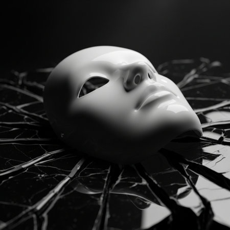 White mask on a broken glass. Black and white photo. Shallow depth of field.の素材