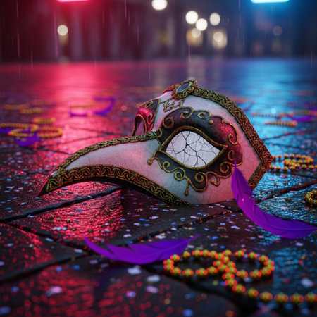 Colorful carnival mask in the rain on the street at nightの素材