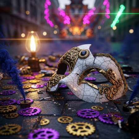 Traditional Venetian carnival mask with burning candle on dark background.の素材