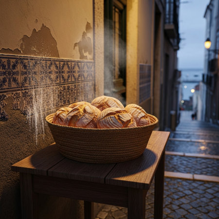 Bread in a wicker basket on the street in Lisbon, Portugal.の素材