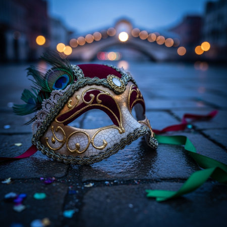 Traditional Venetian carnival mask on the city street at nightの素材