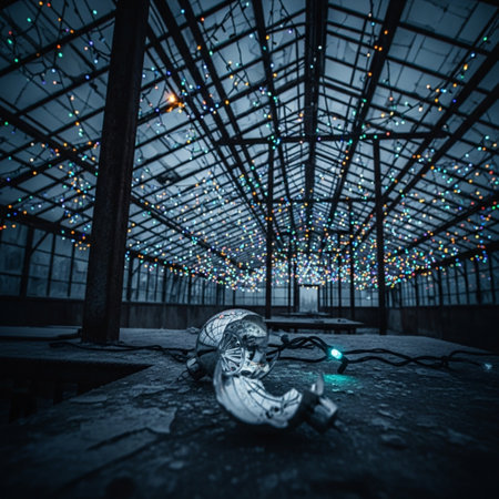 Abandoned industrial building interior with broken glass and lights. Selective focusの素材